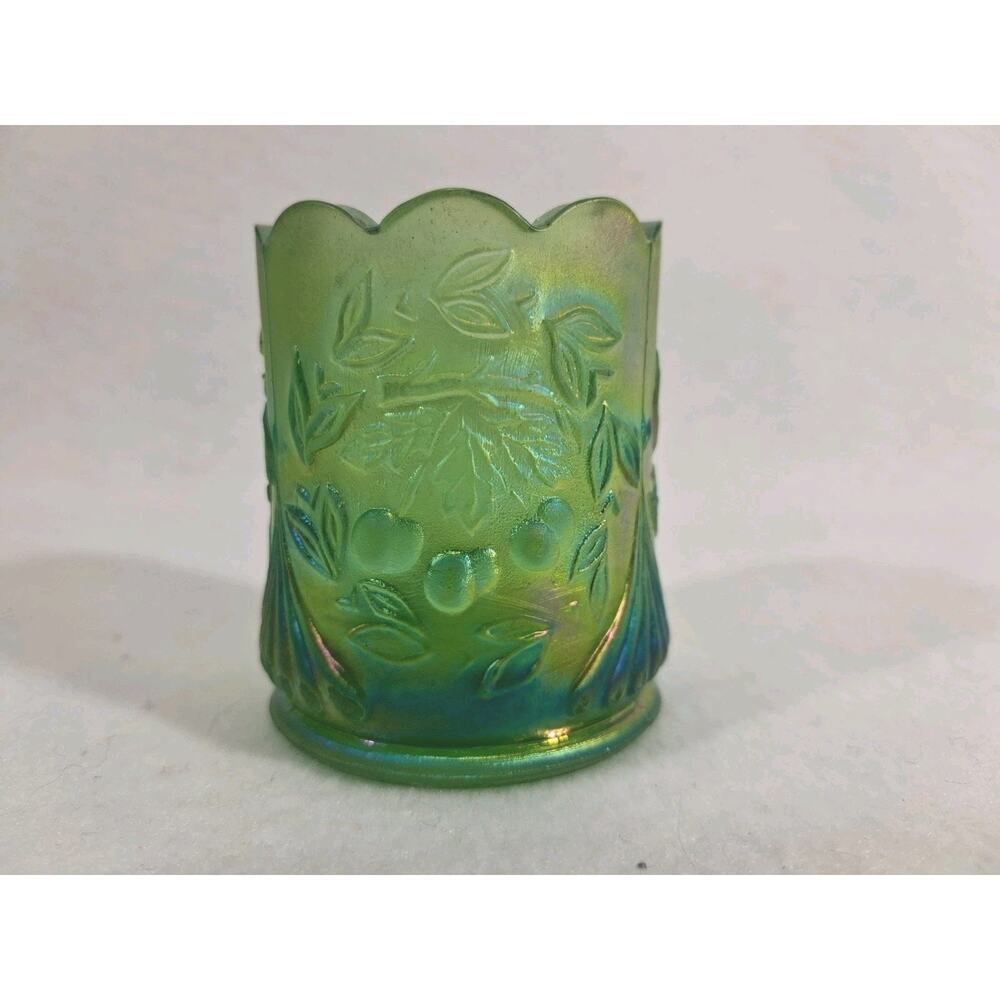 Joe St. Clair green carnival glass wreathed cherry toothpick holder vintage